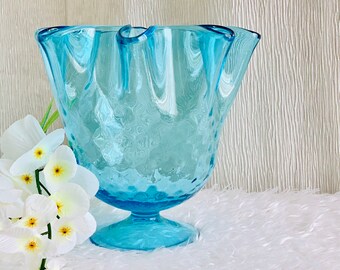 Ruffled Glass Dish, Pedestal Bowl, Diamond Facets, Art Glass, Clear Blue, Mid Century Decor, Gift Idea