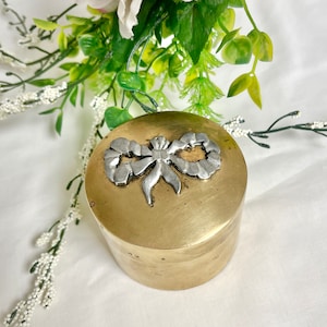 Vintage Brass Trinket Box, Pewter Bow Embellishment, Jewelry Box, Brass Collectible, Made in India