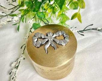 Vintage Brass Trinket Box, Pewter Bow Embellishment, Jewelry Box, Brass Collectible, Made in India