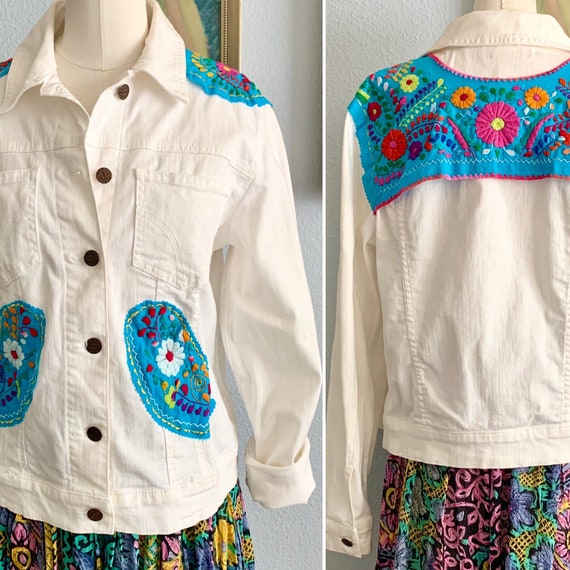 Embroidered Embellished Denim Jacket, Mexican Oaxaca … - Gem