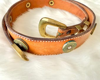 Vintage Leather Belt, Brass Buckle, Winchester Shells Embellished, Adjustable
