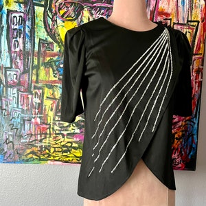 Sheer Silk Beaded Top, Black, Faux Pearl, Dangle Beads, Cocktail, Vintage image 4