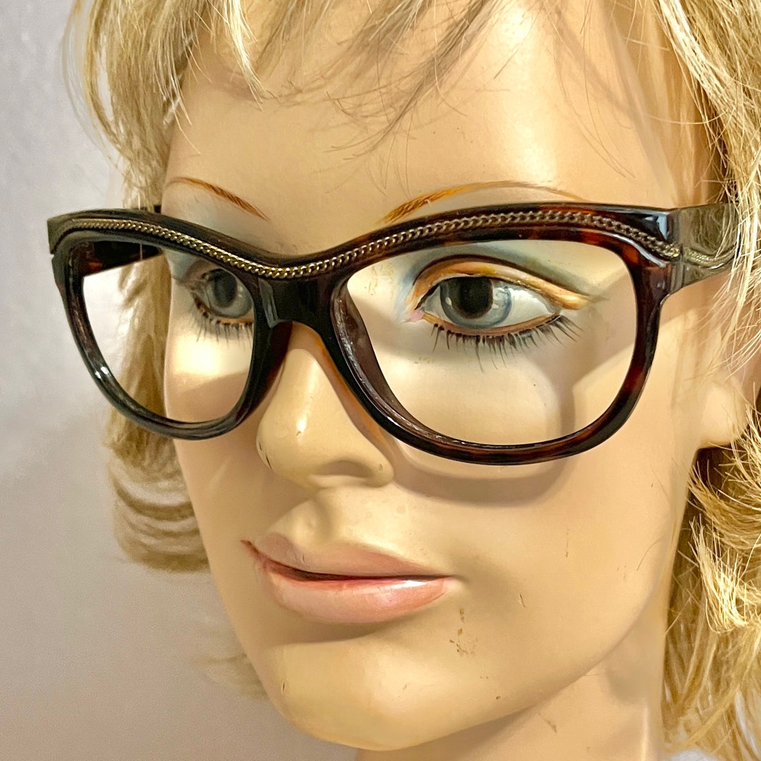 Vintage Eye Glass Frames, Chain Embellished Trim, Tortoise Lucite, Street Style, Punk, Geek