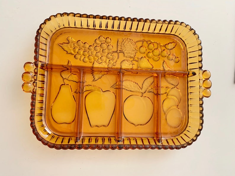 Indiana Glass Divided Dish, Fruit Platter, Veggie Dish, Amber Gold, Mid Century image 2