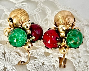 Glass Bead Earrings, Pin Up, Vintage Clip On, Signed Vogue, Vintage 40s 50s