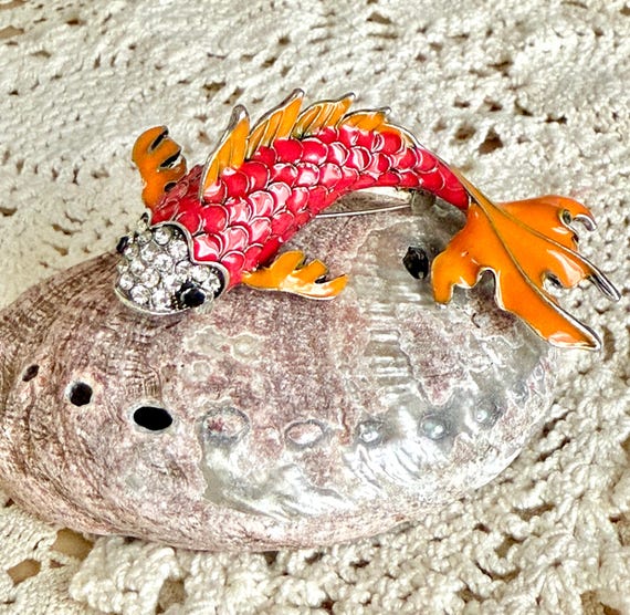 Vintage Enamel Goldfish Brooch: Rhinestone Koi Fish Pin