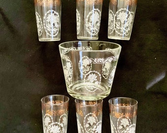 Hollywood Regency Glassware and Ice Bucket, Set 6 Glasses, Vintage 50s Mid Century Barware Bar