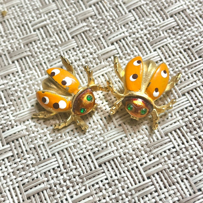 Scatter Pins Lady Bugs, Insects, Enamel Brooches, Set 2, Green Stones, Vintage image 5