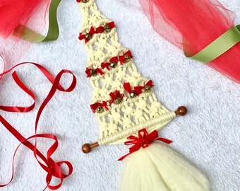 Vintage Macrame Holiday Decor, Christmas Tree, Jingle Bells, Wall Hanging, Mid Century Home