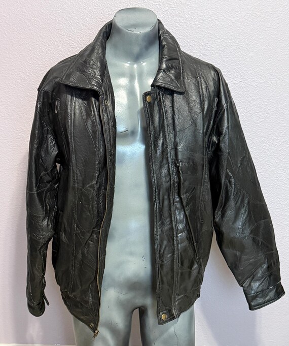 Vintage Leather Jacket, Black Patchwork Design, M… - image 4