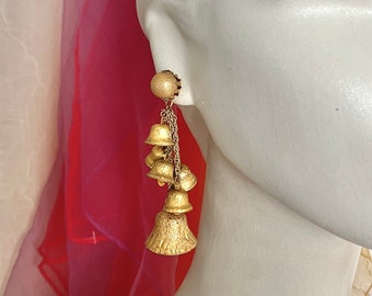 Cascade Statement Earrings, Bells, Brass Tone, Dangle Drop, Chandelier