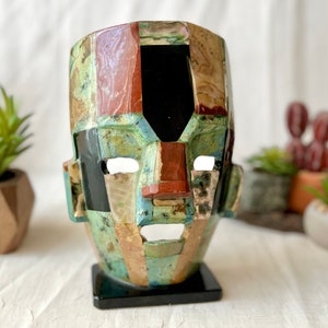 Aztec Warrior, Mayan Mask, Inlaid Abalone, Inlay Shell, Faux Turquoise, Mexico, Vintage Home Decor image 1