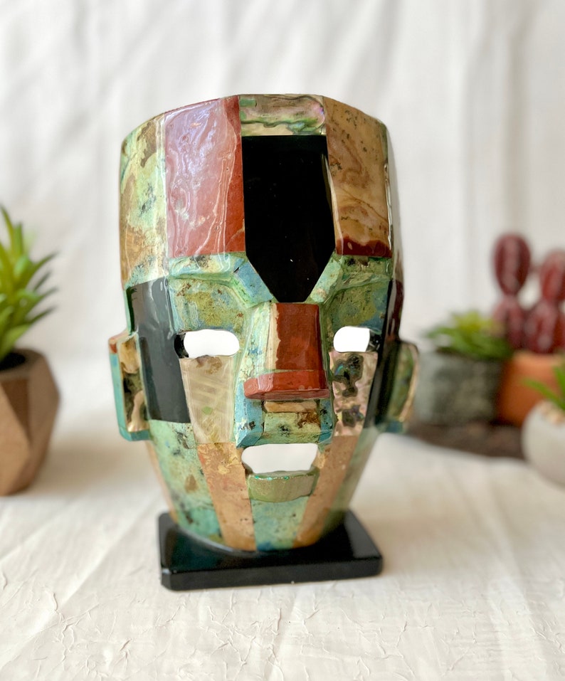 Aztec Warrior, Mayan Mask, Inlaid Abalone, Inlay Shell, Faux Turquoise, Mexico, Vintage Home Decor image 1