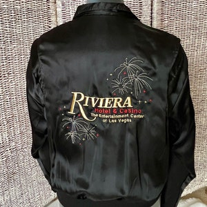 Las Vegas Black Satin Bomber Style Jacket, Riviera, Embroidered Windbreaker, Advertising, Metallic Lurex Stitching, Vintage image 1