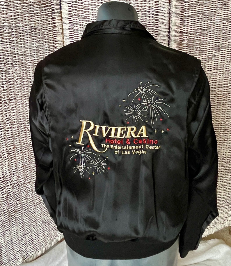 Las Vegas Black Satin Bomber Style Jacket, Riviera, Embroidered Windbreaker, Advertising, Metallic Lurex Stitching, Vintage image 1