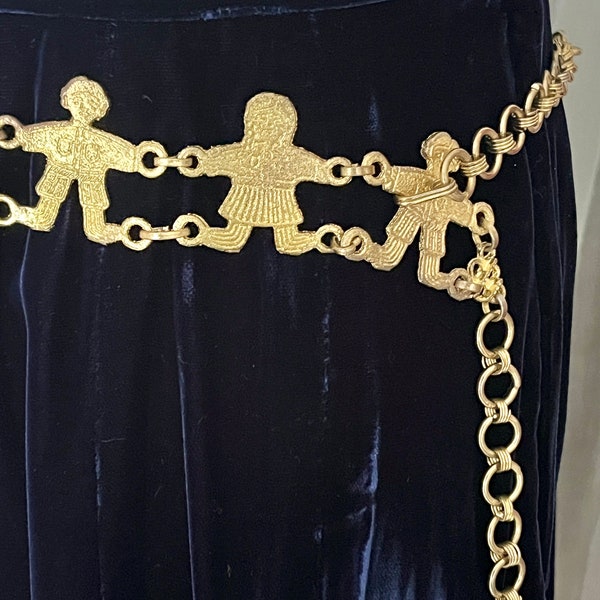 Vintage Chain Link Belt, Hammered Metal, Children, People Forms, Gold Tone Metal