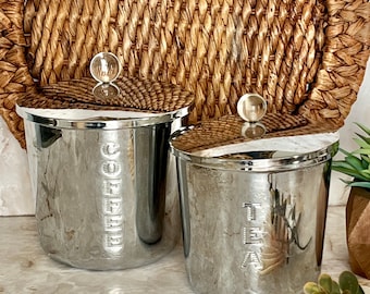 Coffee, Tea, Set of Canisters, Shiny Metal, Chrome, Lucite Knob, Vintage 50s 60s Kitchen Organization, Mid Century Space Age