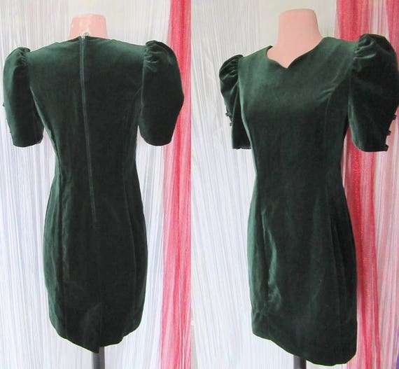 Vintage Sheath Dress, Cut Out Sleeves, Green Velv… - image 6