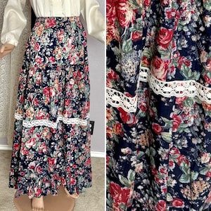 Vintage Tiered Midi Skirt, Ruffle Edge, Matching Belt, Peasant Prairie, Boho, Cotton, Elastic Waist