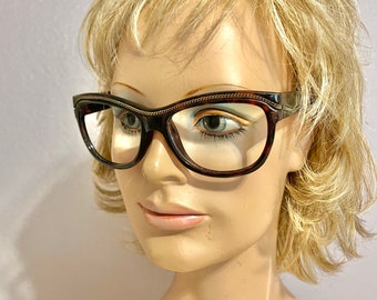 Vintage Eye Glass Frames, Chain Embellished Trim, Tortoise Lucite