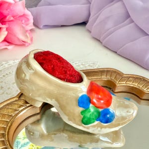 Ceramic Shoe Pin Cushion, Velvet Pad, Iridescent Hand Painted, Dresser Top, Japan, Mid-Century 50s 60s