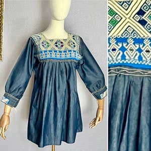 Bright Embroidery Top, Guatemala, Hippie Boho, Denim Cotton Huipil Vintage Blouse Tunic image 1