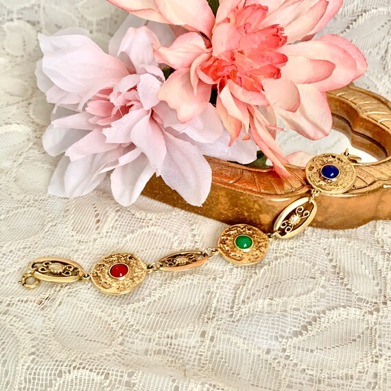 Vintage Links Statement Bracelet, Multi Cabochon,… - image 4