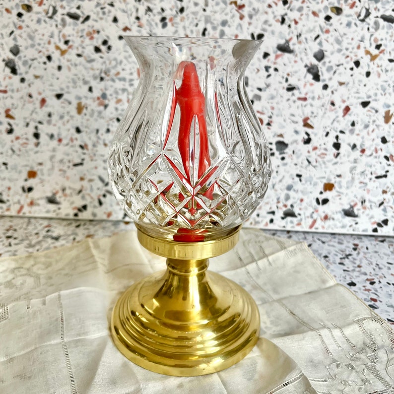 Vintage Brass Candle Holder, Engraved Crystal, Home Decor, Mid Century image 5