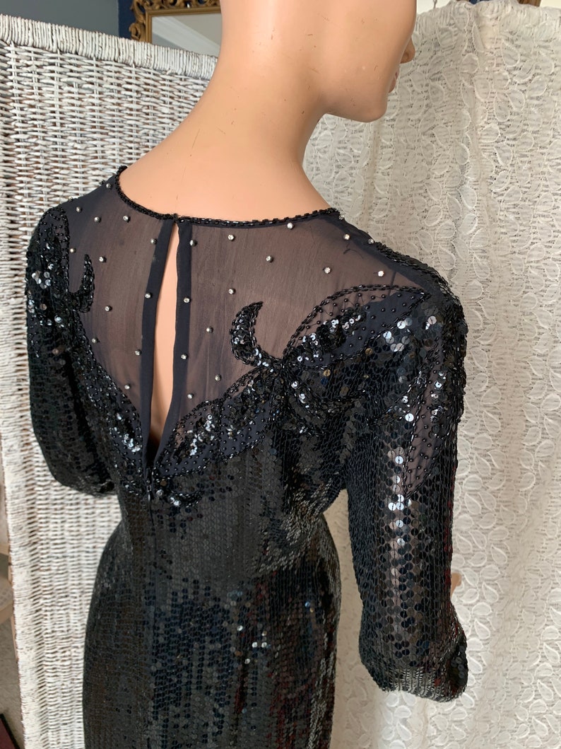 Glitzy Sequin Beaded Dress, Sheer Illusion, Evening Cocktail Maxi Cut Out Back 80s 90s image 6