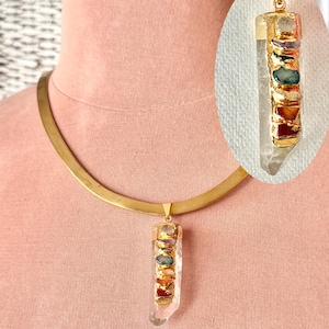 Glam Brutalist Quartz Pendant Choker, Brass Neck Wire, Artsy Statement Necklace, Modernist, Vintage