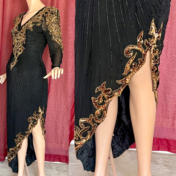 GLITZY Sequin Beaded Dress, Ornate, Sheer Sleeves… - image 2
