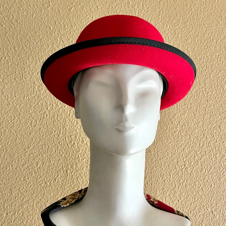 Red Wool Hat, Black Trim, Back Bow, Derby Style, Bowler, Vintage 80s 90s image 2