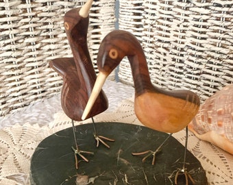 Coastal Birds, Inlaid Wood, Metal Legs, Polished Wood, Sculptural, Set of 2, Artisan Vintage, Cranes, Egrets, Beach, Resort