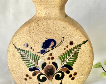 メキシコ陶器の花瓶、鳩、蝶、手描き、メキシコ、サイン入り