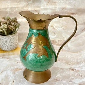 Enamel Brass Pitcher, Dolphins, Vase, Ewer, Artistic, Vintage Home Decor image 5