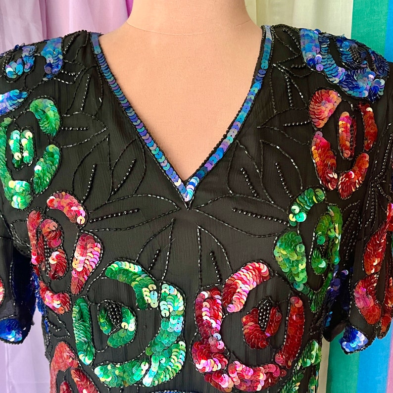 Beaded Sequin Top, Multi Beaded, Tapered Design, Cocktail, Evening, Vintage 80s 90s image 4