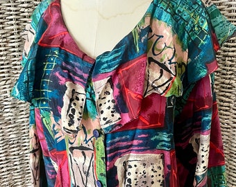 Vintage 90s Silk Blouse: Jewel Tone Abstract Print, Oversized Fit