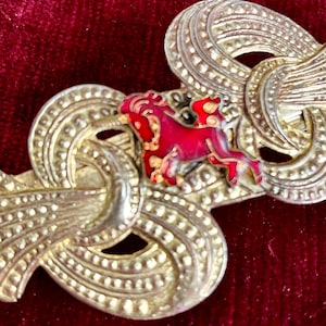 Large Hair Clip, Cloisonné Unicorn, Ornate Metal, Filigree, Vintage 80s