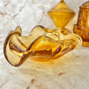 Ruffled Art Glass Bowl, Large, Golden Amber Clear, Bubbles, Murano, Abstract, Blown Glass, Dresser Dish, Ash Tray, Vintage image 1