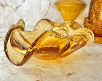 Ruffled Art Glass Bowl, Large, Golden Amber Clear, Bubbles, Murano, Abstract, Blown Glass, Dresser Dish, Ash Tray, Vintage
