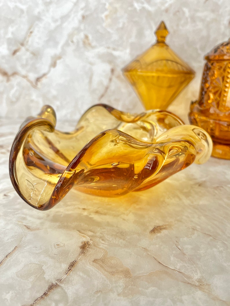 Ruffled Art Glass Bowl, Large, Golden Amber Clear, Bubbles, Murano, Abstract, Blown Glass, Dresser Dish, Ash Tray, Vintage image 1