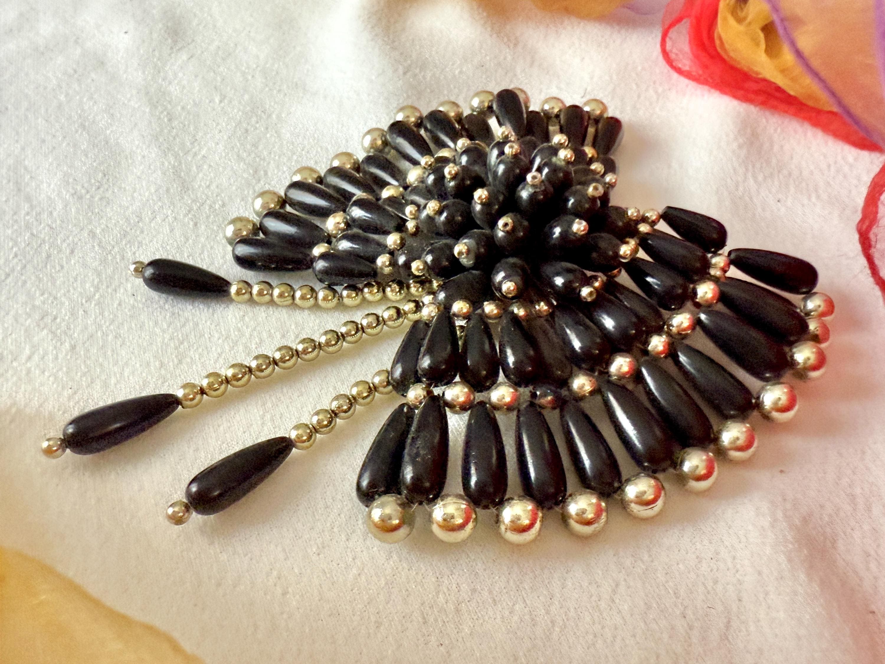 Vintage Beaded Bow Hair Clip, Black & Gold, Dangle Beads - Etsy display picture 2