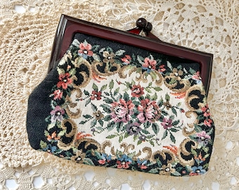 Tapestry Clutch Purse, Lucite Frame, Floral Roses, Petit Point, Vintage 60s