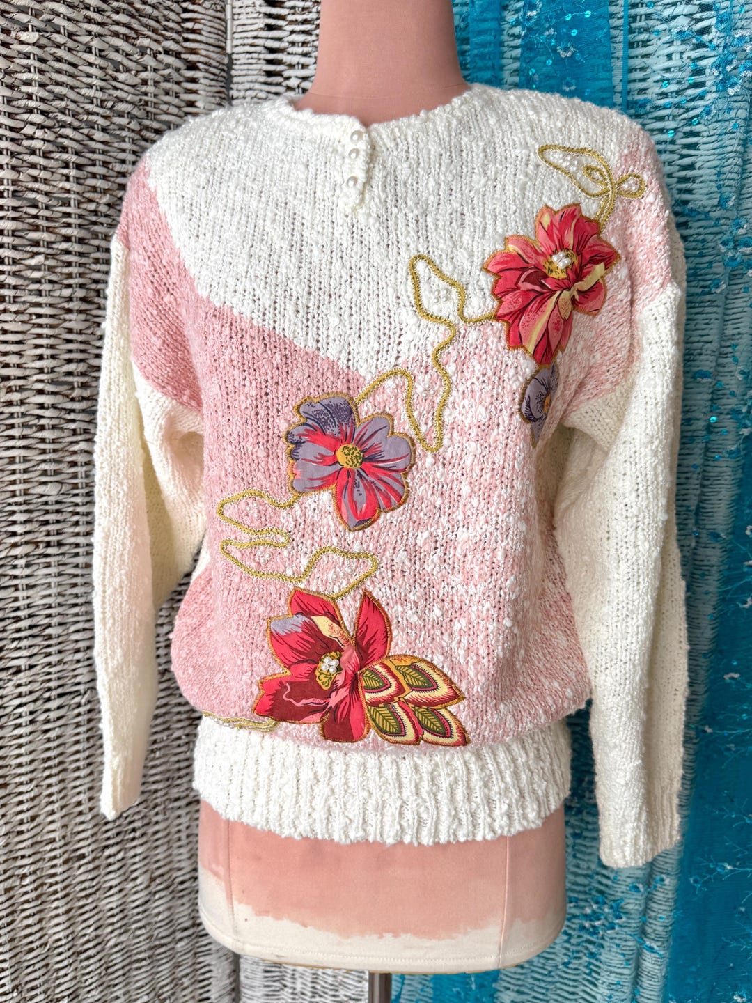 Applique Beaded Sweater Top, Faux Pearls, Embroidery, Pull Over