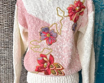 Top con perline applicate, perle finte, ricamo, pullover, vegano, vintage anni '80-'90