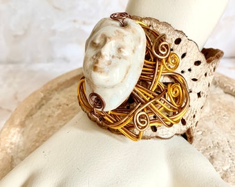 OOAK Leather Cuff Bracelet, Sculpted Face, Earth Tones, Wire Setting, Re-Worked, Upcycled