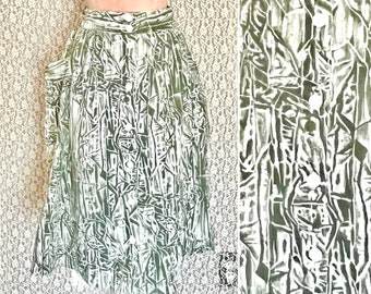 Abstract Tiki Bamboo Print, Full Skirt, High Waist, Button Down Front, Pockets, Cotton, Vintage 70s 80s