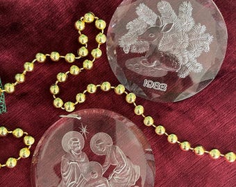 Vintage Lucite Christmas Ornaments: Carved Nativity & Deer, 1977/1983 (Pair)