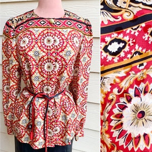 Silk Button Down Top, Blouse, Tunic, Bold Red Print, Vintage 80s 90s