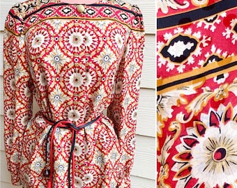 Silk Button Down Top, Blouse, Tunic, Bold Red Print, Vintage 80s 90s